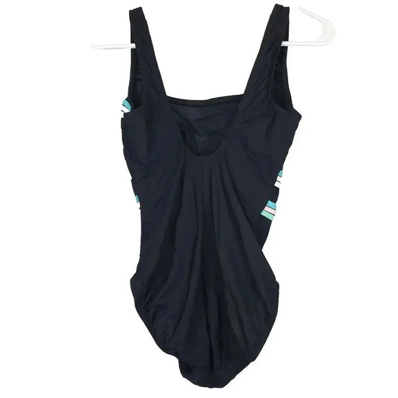 Women's INCHES AWAY One Piece Swimsuit SZ 10 Black Slimming Tummy Flatter Square - Picture 4 of 14